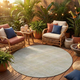 8' Linen And Ivory Round Plaid Washable Indoor Outdoor Area Rug