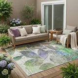 5' X 8' Green And Ivory Botanical Leaves Washable Indoor Outdoor Area Rug