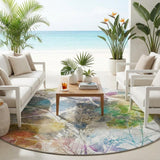 8' Green And Ivory Round Botanical Leaves Washable Indoor Outdoor Area Rug