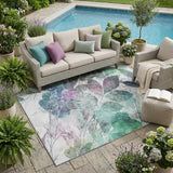 5' X 8' Teal Blue And Silver Botanical Leaves Washable Indoor Outdoor Area Rug