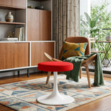 18" Red Rose and White Faux Leather Geometric Round Footstool