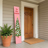 59" Green Pink And White Solid Wood Christmas Christmas Tree Porch Sign