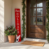 47" Red And White Solid Wood Happy Holidays Christmas Reindeer Porch Sign