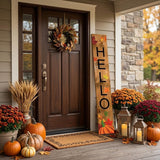 59" Black Natural And Orange Solid Wood Hello Porch Sign