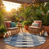 8' Blue And Graphite Round Striped Washable Indoor Outdoor Area Rug