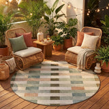 8' Green And Beige Round Striped Washable Indoor Outdoor Area Rug