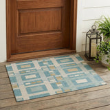 3' X 5' Teal Blue And Silver Geometric Washable Indoor Outdoor Area Rug