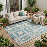 5' X 8' Teal Blue And Silver Geometric Washable Indoor Outdoor Area Rug