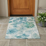 3' X 5' Teal Blue And Silver Floral Washable Indoor Outdoor Area Rug