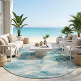 8' Teal Blue And Silver Round Floral Washable Indoor Outdoor Area Rug