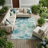 8' X 10' Teal Blue And Silver Floral Washable Indoor Outdoor Area Rug