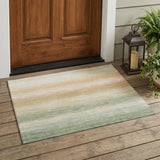 3' X 5' Green And Linen Striped Washable Indoor Outdoor Area Rug