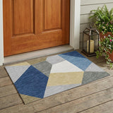 3' X 5' Navy Blue And Blue Geometric Washable Indoor Outdoor Area Rug