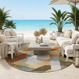 8' Orange And Silver Round Geometric Washable Indoor Outdoor Area Rug
