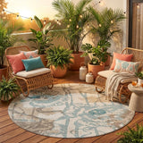 8' Beige And Brown Round Floral Washable Indoor Outdoor Area Rug