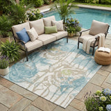 5' X 8' Teal Blue And Silver Floral Washable Indoor Outdoor Area Rug