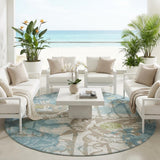 8' Teal Blue And Silver Round Floral Washable Indoor Outdoor Area Rug