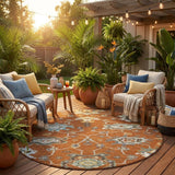 8' Orange And Gray Round Oriental Washable Indoor Outdoor Area Rug