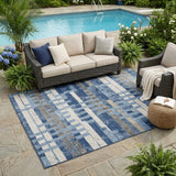 5' X 8' Denim Blue And Blue Striped Washable Indoor Outdoor Area Rug