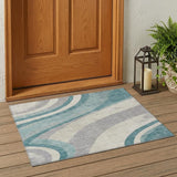 3' X 5' Teal Blue And Silver Abstract Washable Indoor Outdoor Area Rug