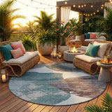 8' Teal Blue And Graphite Round Abstract Washable Indoor Outdoor Area Rug