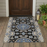 3' X 5' Black And Graphite Floral Medallion Washable Indoor Outdoor Area Rug