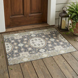 3' X 5' Graphite And Gray Floral Medallion Washable Indoor Outdoor Area Rug