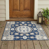 3' X 5' Navy Blue And Blue Floral Medallion Washable Indoor Outdoor Area Rug