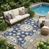 5' X 8' Navy Blue And Blue Floral Medallion Washable Indoor Outdoor Area Rug