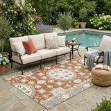 5' X 8' Orange And Ivory Floral Medallion Washable Indoor Outdoor Area Rug