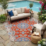 5' X 8' Red And Silver Floral Medallion Washable Indoor Outdoor Area Rug