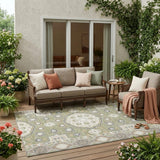 5' X 8' Sage And Green Floral Medallion Washable Indoor Outdoor Area Rug