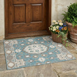 3' X 5' Teal Blue And Silver Floral Medallion Washable Indoor Outdoor Area Rug