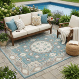 5' X 8' Teal Blue And Silver Floral Medallion Washable Indoor Outdoor Area Rug