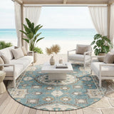 8' Teal Blue And Silver Round Floral Medallion Washable Indoor Outdoor Area Rug