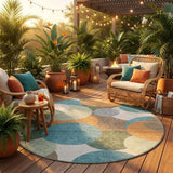 8' Teal Blue And Silver Round Geometric Washable Indoor Outdoor Area Rug