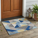 3' X 5' Blue And Silver Geometric Washable Indoor Outdoor Area Rug