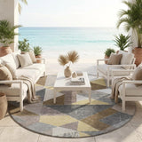 8' Brown And Silver Round Geometric Washable Indoor Outdoor Area Rug