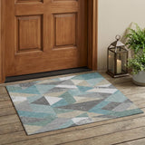 3' X 5' Teal Blue And Silver Geometric Washable Indoor Outdoor Area Rug