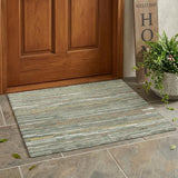 3' X 5' Green And Beige Striped Washable Indoor Outdoor Area Rug