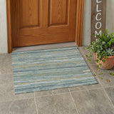 3' X 5' Teal Blue And Gold Striped Washable Indoor Outdoor Area Rug