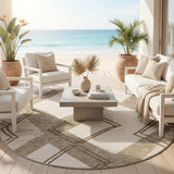 8' Linen And Ivory Round Geometric Washable Indoor Outdoor Area Rug