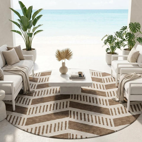 8' Coffee And Brown Round Geometric Washable Indoor Outdoor Area Rug