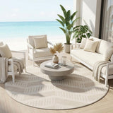 8' Ivory And Linen Round Geometric Washable Indoor Outdoor Area Rug