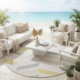 8' Ivory And Beige Round Geometric Washable Indoor Outdoor Area Rug