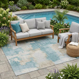 5' X 8' Teal Blue And Silver Abstract Washable Indoor Outdoor Area Rug