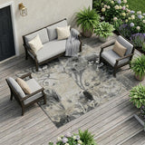 8' X 10' Black And Silver Botanical Leaves Washable Indoor Outdoor Area Rug