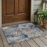3' X 5' Navy Blue And Blue Botanical Leaves Washable Indoor Outdoor Area Rug