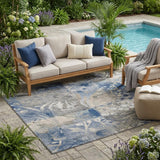 5' X 8' Navy Blue And Blue Botanical Leaves Washable Indoor Outdoor Area Rug