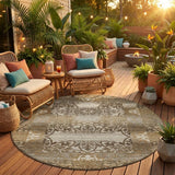 8' Brown And Beige Round Oriental Washable Indoor Outdoor Area Rug